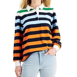 Striped Long-Sleeve Polo Top in Orange, Navy & Light Blue